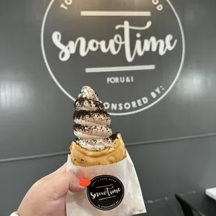 Fish cone with Nutella filling, chocolate/vanilla soft serve with Oreo dust