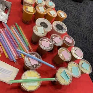 Back to front: Classic Boba, Thai Tea Boba, Bingsu, Cappuccino Boba, Jasmine Green Iced Tea, Coffee Boba, Matcha Green Tea Boba