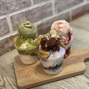 Matcha, Ube, and Strawberry Cheesecake Bingsu