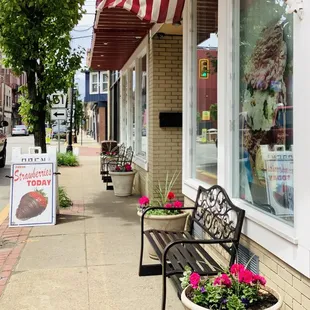 a bench with an american flag