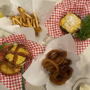 burgers and onion rings