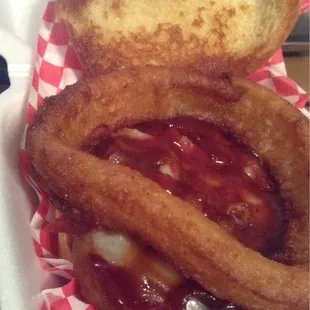 Southwest burger with onion ring bacon Swiss and BBQ. Yum