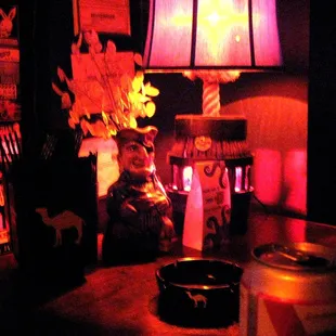 a table with a candle and a lamp