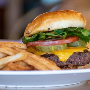 a cheeseburger and fries