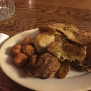 Another loaded plate - Fried Chicken, HPS, Biscuit - and the long, flat strips are the very best Fried Squash, ever!