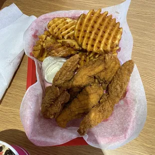 Chicken finger and waffle fries