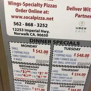 Dinner specials for the days of the week