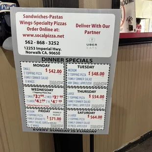 Prices of specials as of February 2025