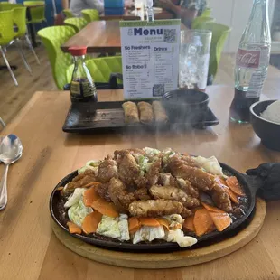 Volcano, chicken white rice  Egg rolls