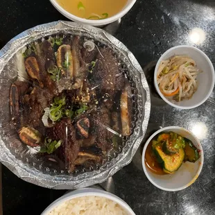 LA Galbi, soup, rice, cucumber, mung bean sprout!   All is good!