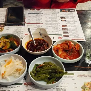 The banchan spread (I can only identify green beans, daikon, kimchi, zucchini. The other two were still quite good though)