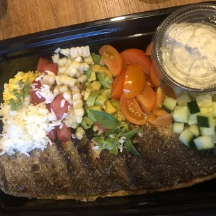 Branzino with Cobb salad, green goddess dressing