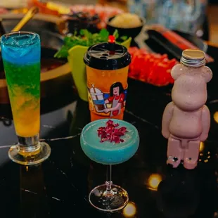 a variety of drinks on a table