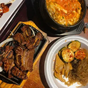 Seafood Tofu Soup with Side Dishes and Kalbi BBQ