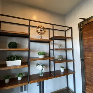 a shelf with potted plants