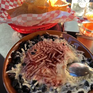 The raspberry bean dip with chips and an old fashioned