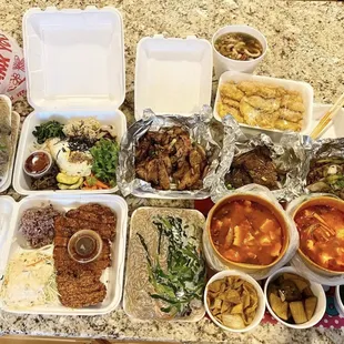 Bibimbap, bbq chicken, fish jun(from another place), udon, kalbi, bulgoki, chicken katsu, chapchae(from another place), &amp; soft tofu soups