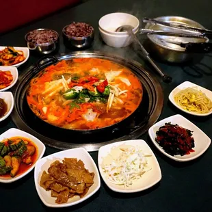 Seafood Casserole (Hae-Mul Jeon-Gol): comes with white or purple rice and includes banchans ($48.99).