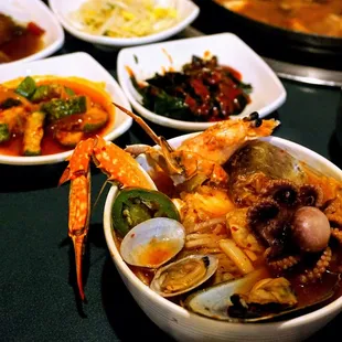 Seafood Casserole (Hae-Mul Jeon-Gol): comes with white or purple rice and includes banchans ($48.99).