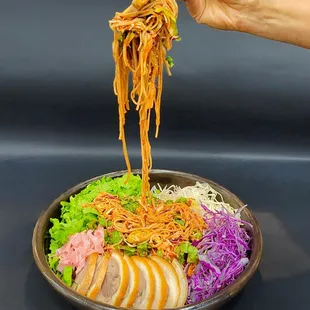 Acorn Jokbal Makguksu! Cold Korean Noodle Salad with Jokbal. Spicy, crunchy, and refreshing!