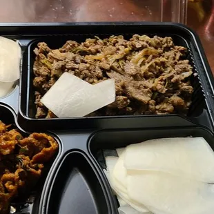 Ssam Bap, beef bulgogi, kimchee and pickled radish, very tasty.