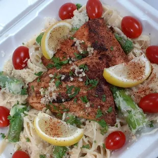 a meal in a styrofoam container