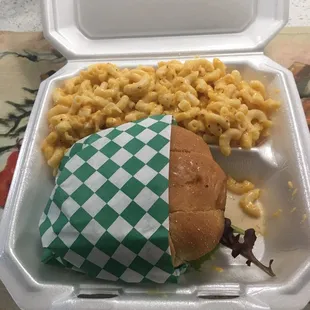 Burger and Mac and cheese...standard, not small to go container!