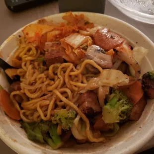 Pork belly bowl with traditional noodles, added kimchi