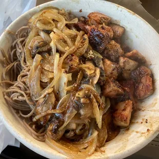 Pork belly w soba, onions, shrooms, and teriyaki sauce! $9.99