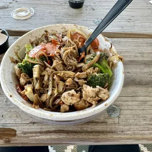 Chicken Bowl with Soba noodles, veggies, garlic butter and teriyaki sauce