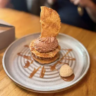 Chocolate pretzel stack - wonton pretzel chips, malted milk chocolate cream, miso caramel, kinako truffle