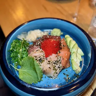 Chirashi Bowl - tuna, salmon, hamachi, tobiko, seaweed salad, avocado, yuzu ponzu, shiso, sushi rice