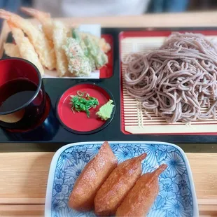 Cold Soba, shrimp tempura; Inari.