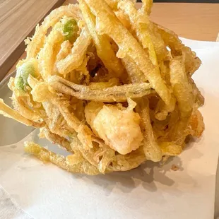 Veggies and shrimp wrapped in a tempura ball