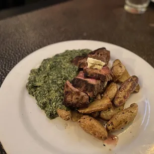 Dry Rubbed Bavette Steak with Roasted Fingerling Potatoes and Creamed Spinach