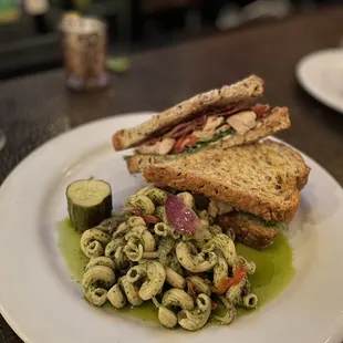 Brie BLT with extra chicken and pasta pesto salad