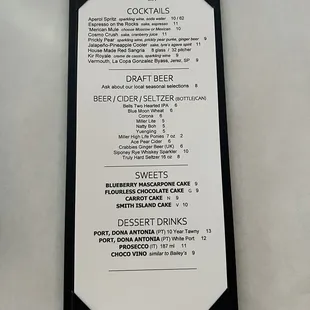 Drink and dessert menu