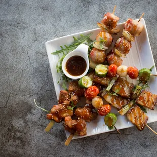 Skewers - Grilled Chicken, Pork Belly, Vegetables, Bacon Wrapped Quail Eggs.