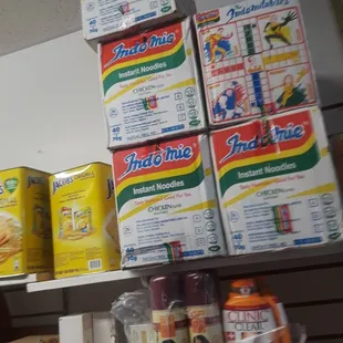 a shelf full of food items