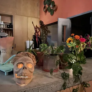 a kitchen counter with flowers and a skull