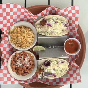 Cod Taco with side of VERY small rice and beans.