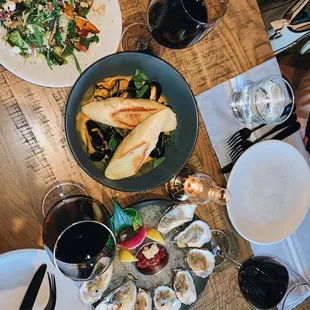 Brussel sprouts (left), curry mussels (middle), oysters (right)