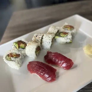 Salmon avocado roll and blue fin nigiri