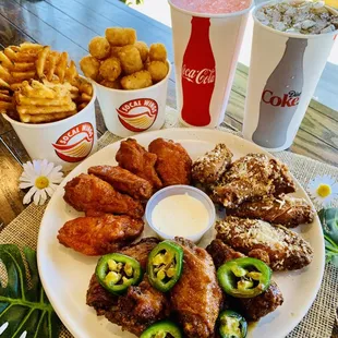 15 wings, 2 sides and 2 drinks.