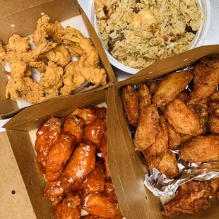 Fried Rice, jumbo shrimp, wings.