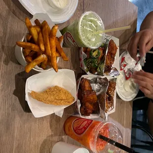 a table of food and drinks