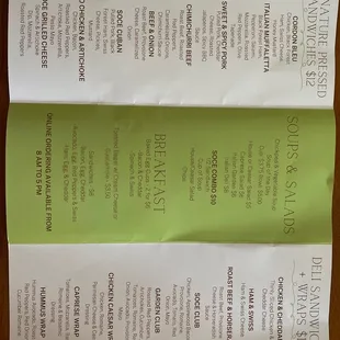 Pressed sandwich; soups, salad, deli sandwich and wraps menu