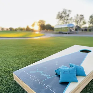 Cornhole right out by the patio with an amazing sunset view!