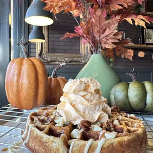 Pumpkin spice protein waffle with white chocolate chips and pecans