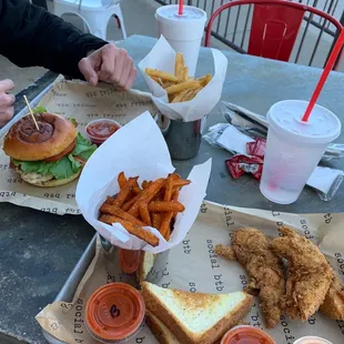 Tenders and Sweet Potato Fries! Cheeseburger and Salt &amp; Vinegar Fries!!